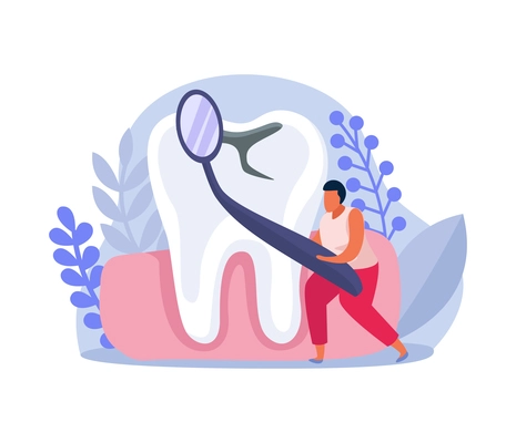 Dental health composition with man examining unhealthy tooth with instrument flat vector illustration