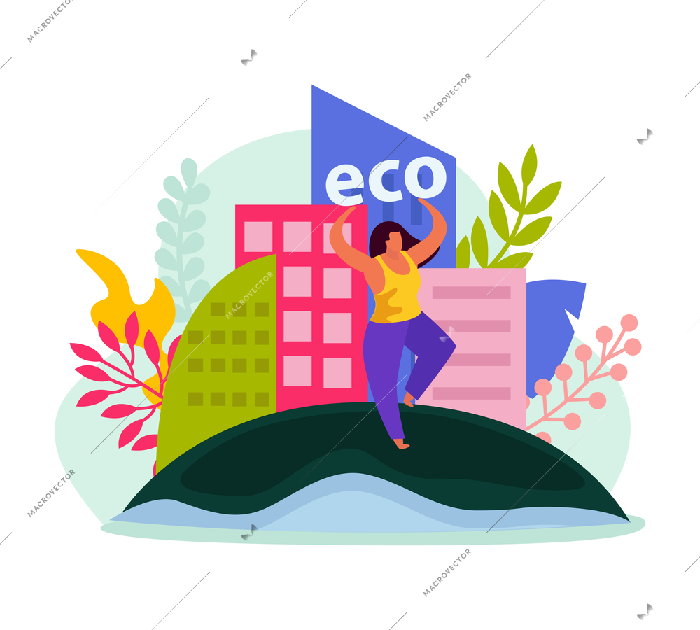 Ecology flat concept with happy character and eco city vector illustration