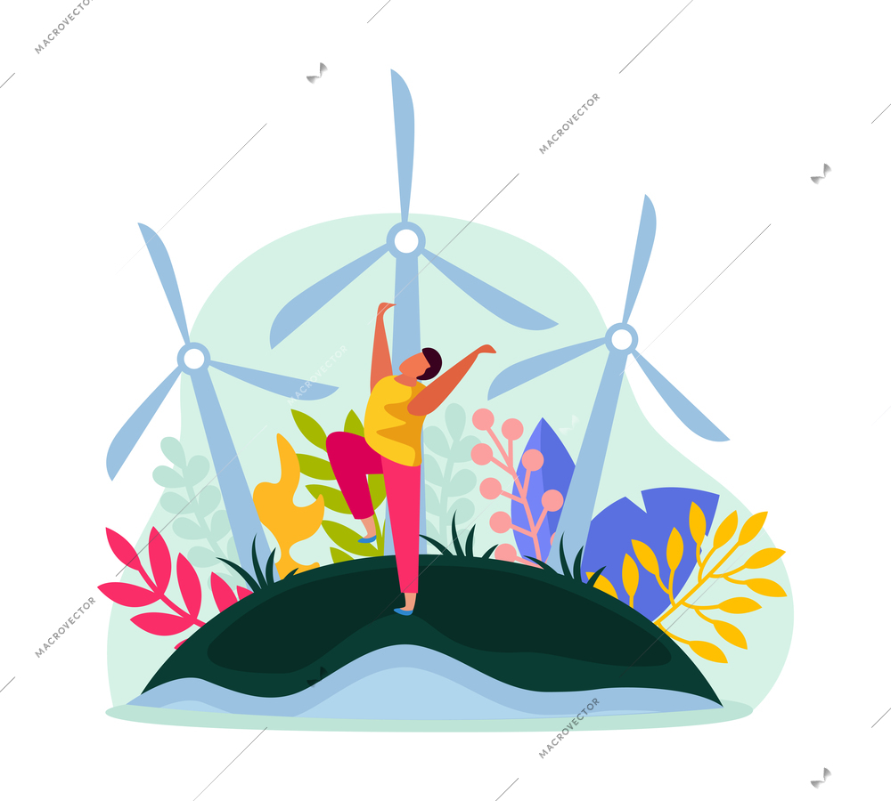 Ecology and alternative source of energy icon with windmills and flat happy character vector illustration