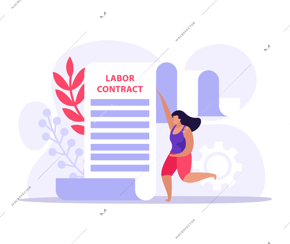 Employment document flat icon with labor contract and female human character vector illustration