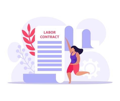 Employment document flat icon with labor contract and female human character vector illustration