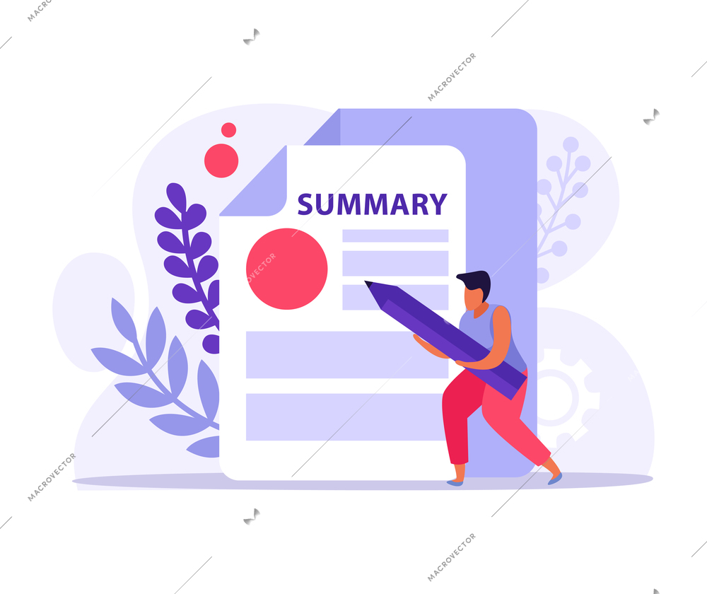 Flat document icon with summary and man holding pencil vector illustration