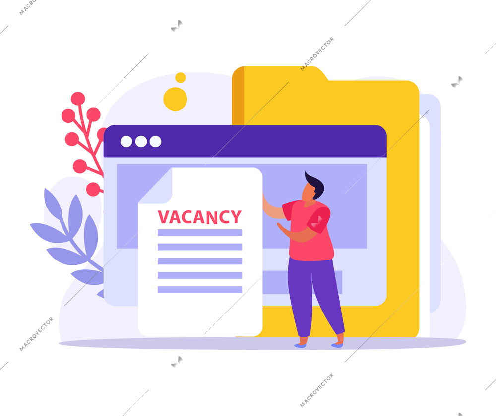 Employment document vacancy flat icon with folder paper and character vector illustration