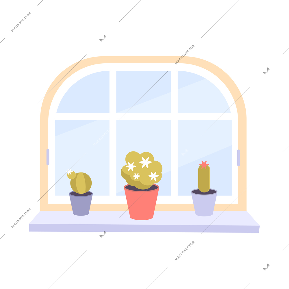 Modern window with potted plants on windowsill flat icon vector illustration