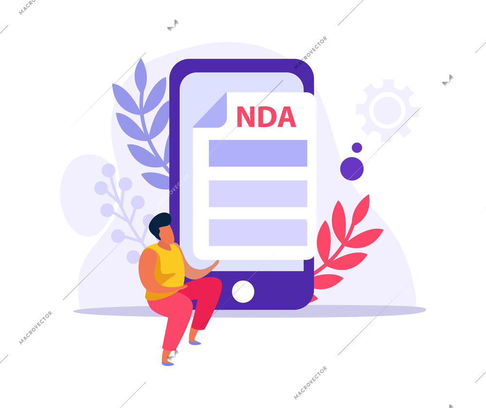 Flat employment document icon with nda agreement smartphone and human character vector illustration