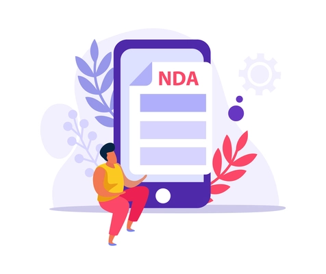 Flat employment document icon with nda agreement smartphone and human character vector illustration