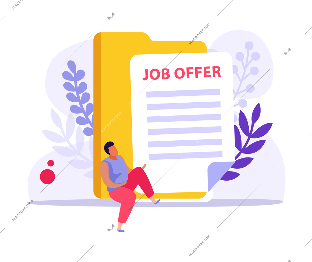 Employment flat design composition with job offer document yellow folder and character vector illustration