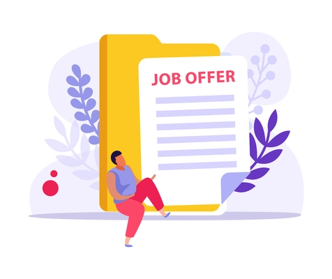 Employment flat design composition with job offer document yellow folder and character vector illustration