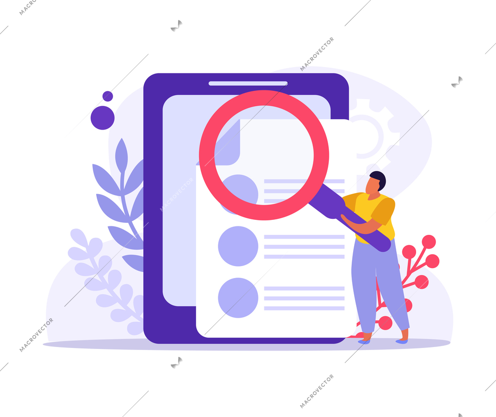 Job search flat icon with electronic device paper and man holding magnifier vector illustration