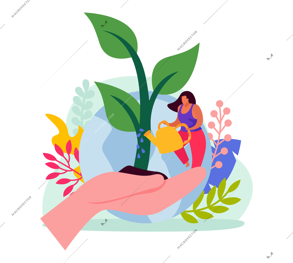 Ecology flat colorful concept with human hand holding character watering green plant vector illustration