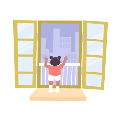 Little girl looking through childproof window flat vector illustration