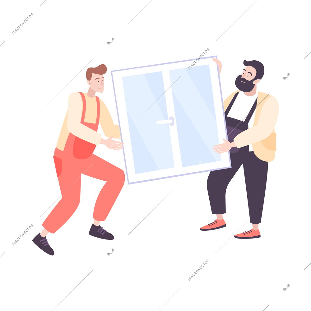 Flat icon with two workers carrying new plastic window vector illustration