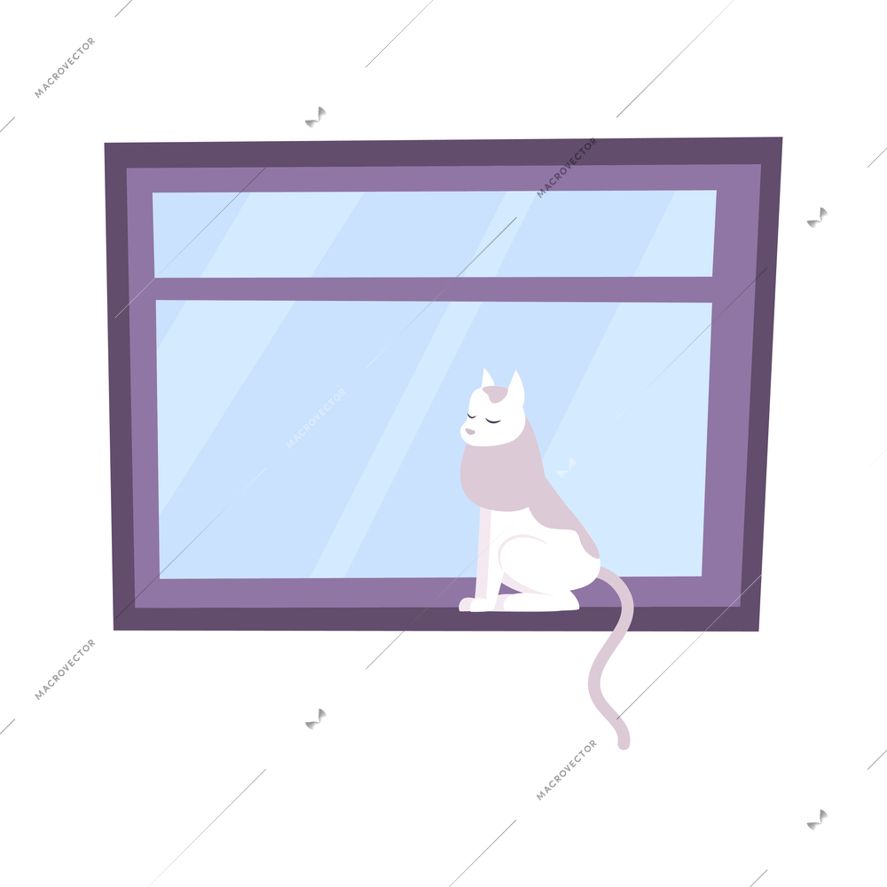 House window flat icon with cat sitting on windowsill vector illustration