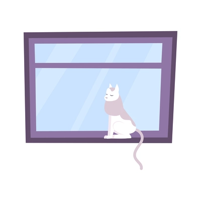 House window flat icon with cat sitting on windowsill vector illustration