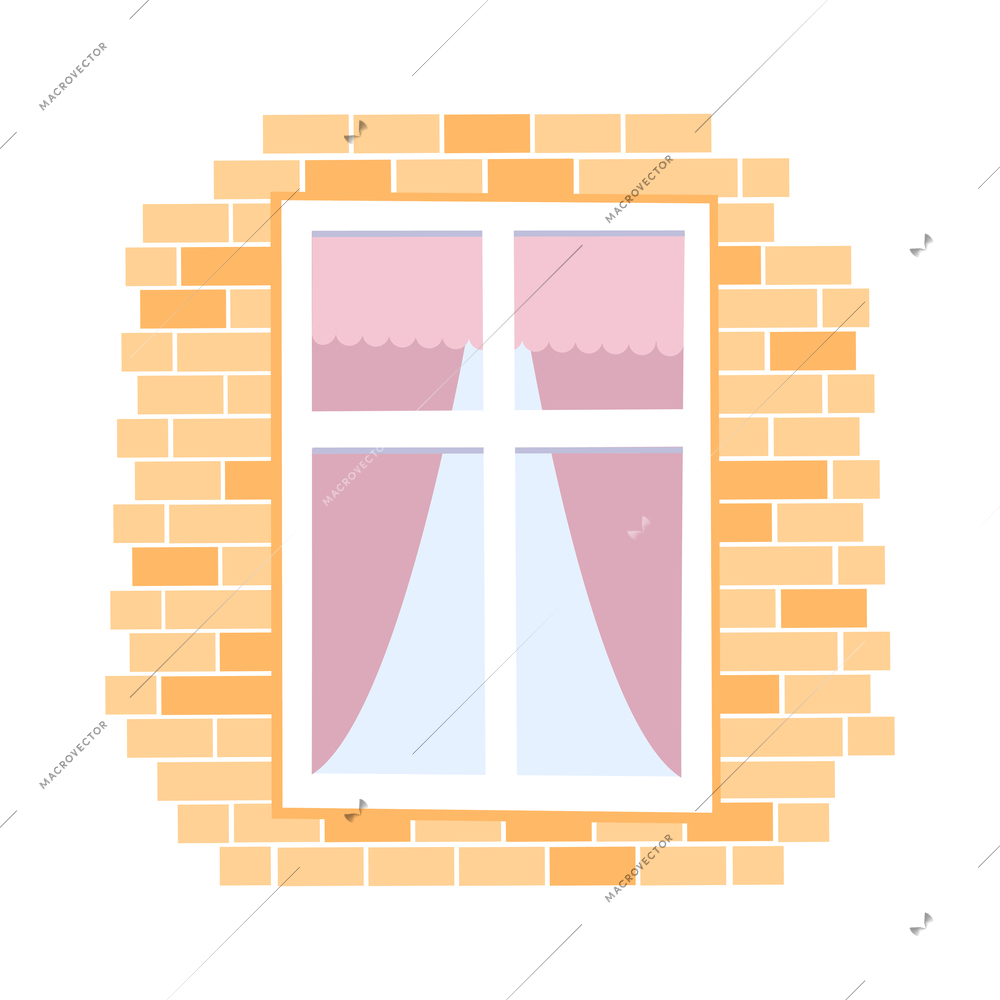 Rectangular window on brick wall with curtains inside flat vector illustration