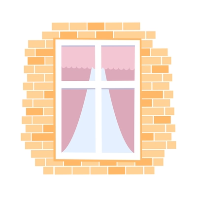 Rectangular window on brick wall with curtains inside flat vector illustration
