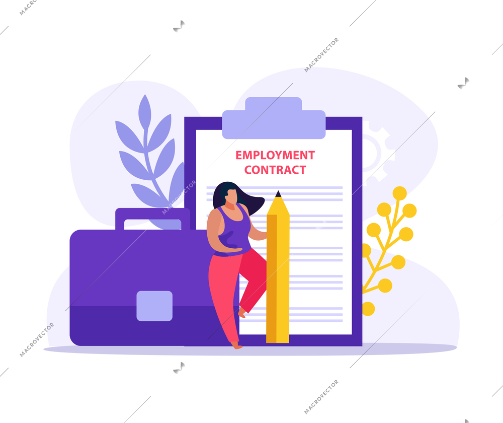 Employment contract document icon with paper character pencil and briefcase flat vector illustration