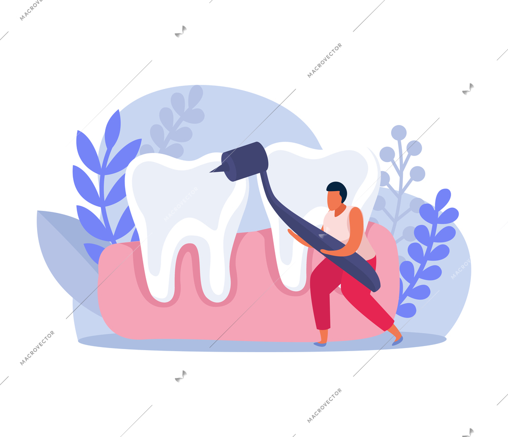 Flat dental health composition with human teeth and character holding instrument vector illustration