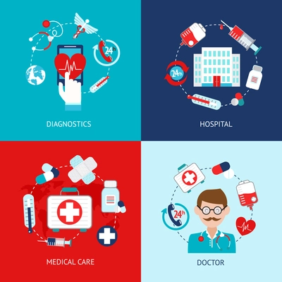 Medical emergency first aid health care icons flat set isolated vector illustration