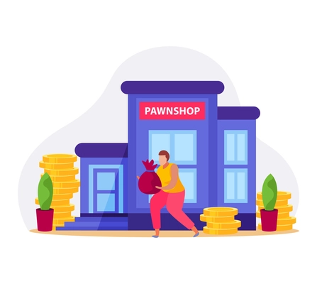 Flat icon with pawnshop building money and character with bag vector illustration