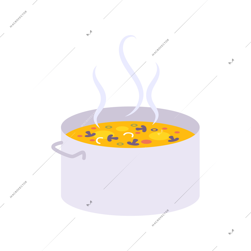 Flat big pan with hot mushroom soup on white background vector illustration