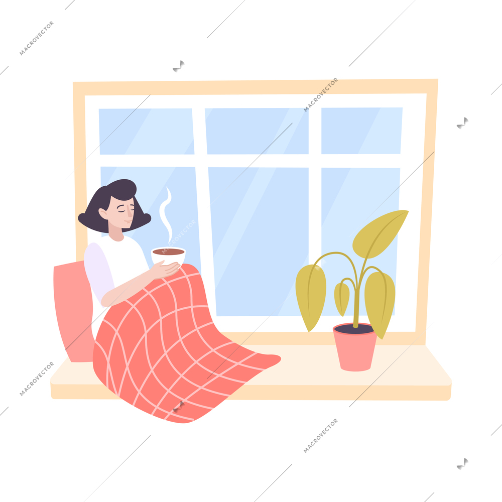 Woman sitting on windowsill with cup of hot tea flat icon vector illustration