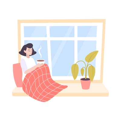 Woman sitting on windowsill with cup of hot tea flat icon vector illustration