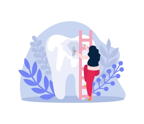 Unhealthy tooth and tiny woman character climbing up ladder flat icon vector illustration