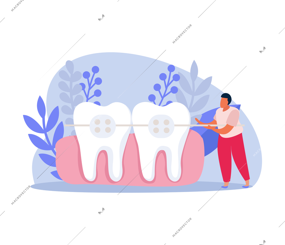 Teeth with dental braces and human character flat composition vector illustration