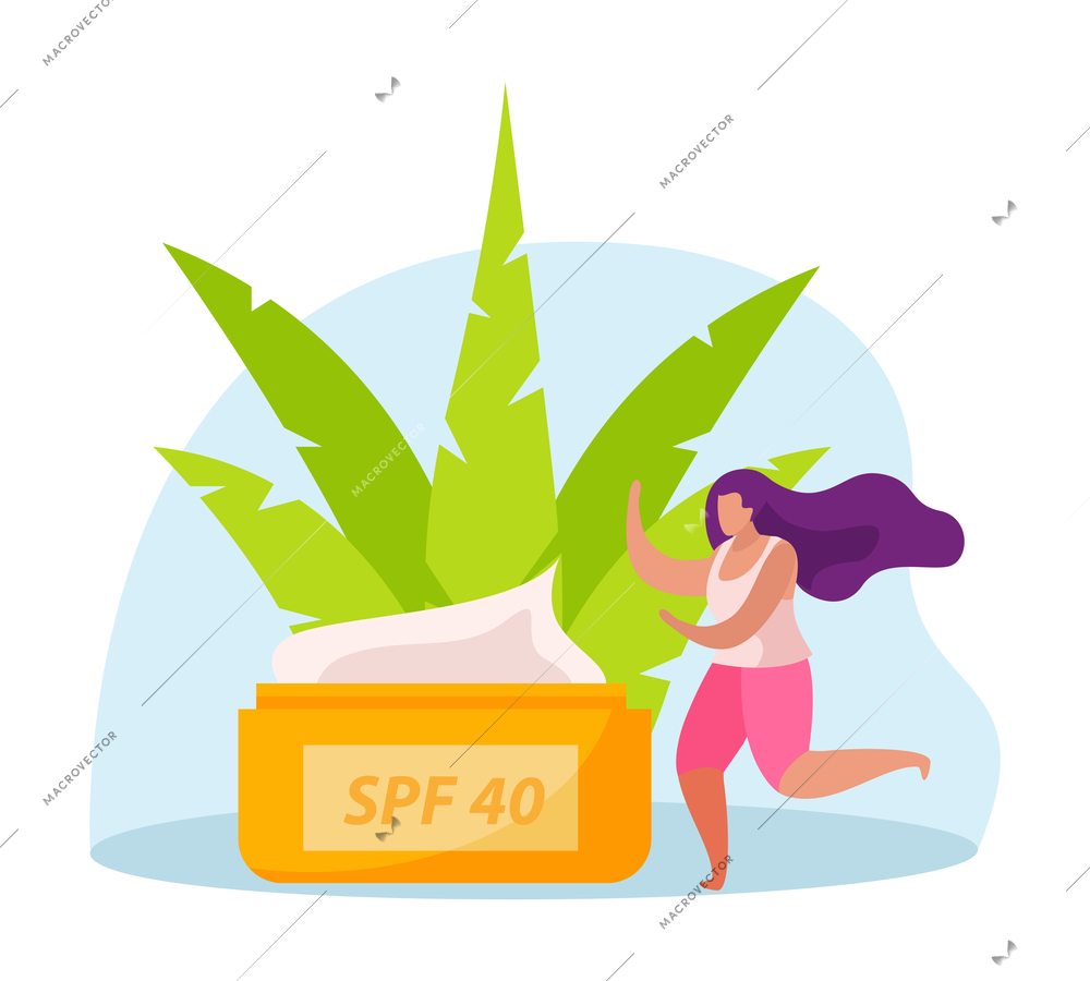 Skin care icon with spf 40 sunscreen tropical plant and character flat vector illustration