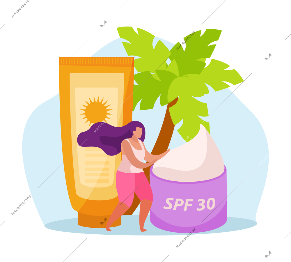 Sunscreen flat icon with woman character and sun protection cosmetic products vector illustration