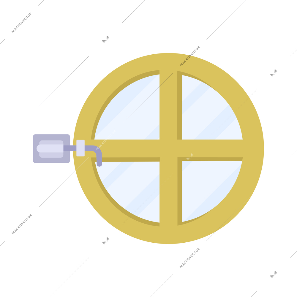 Small round window with green frame and latch on white background flat vector illustration