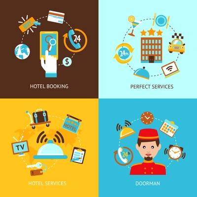 Hotel booking perfect services doorman flat set isolated vector illustration