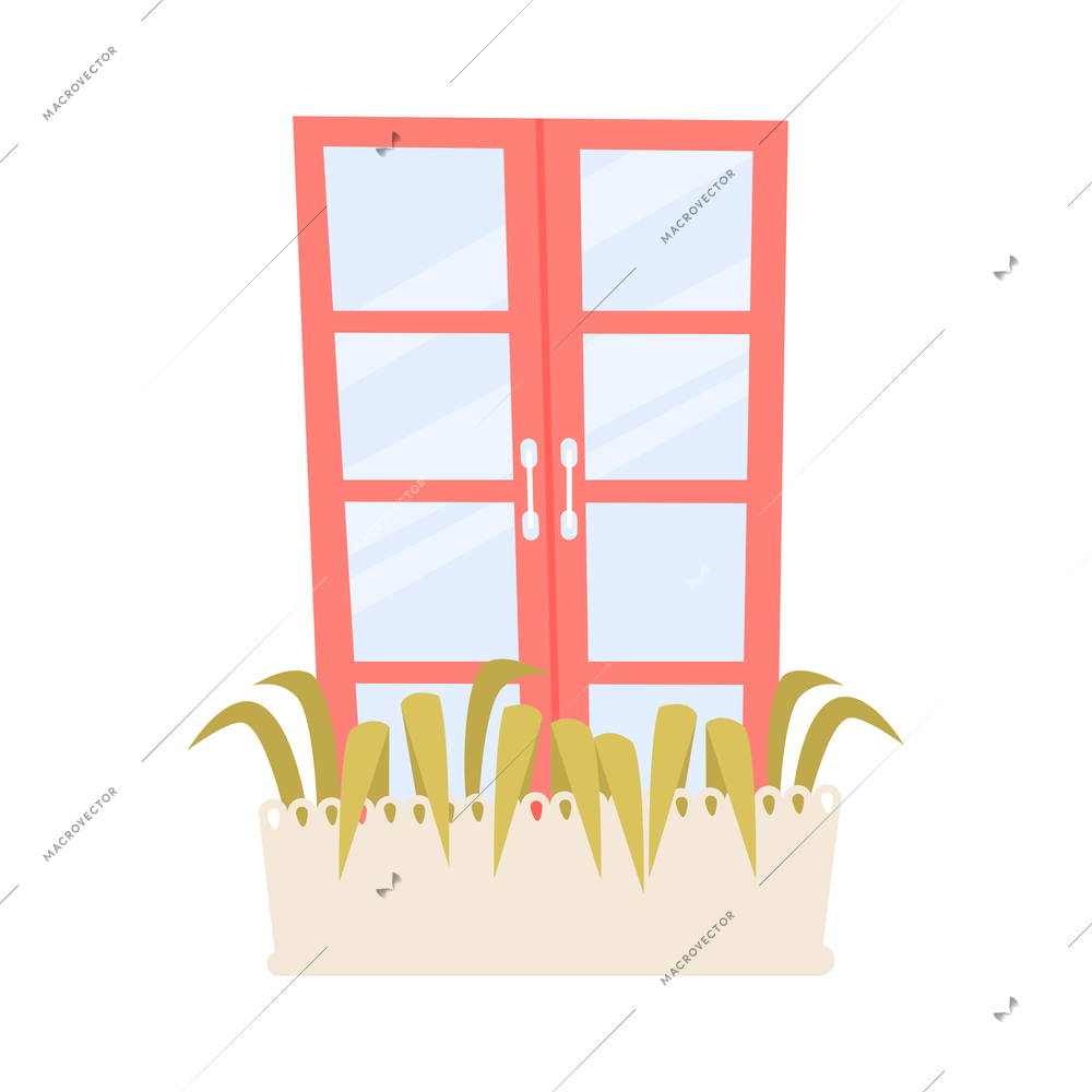 Flat icon with red glass two fold window and growing green plants vector illustration