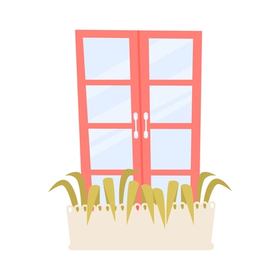 Flat icon with red glass two fold window and growing green plants vector illustration