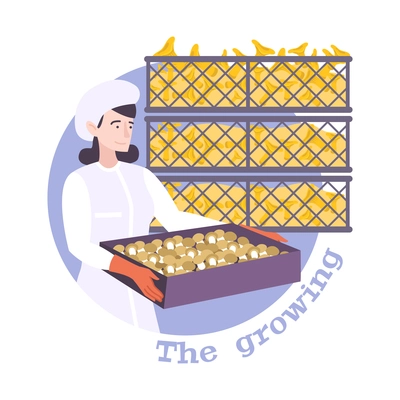 Flat composition with mushroom growing factory worker holding tray vector illustration