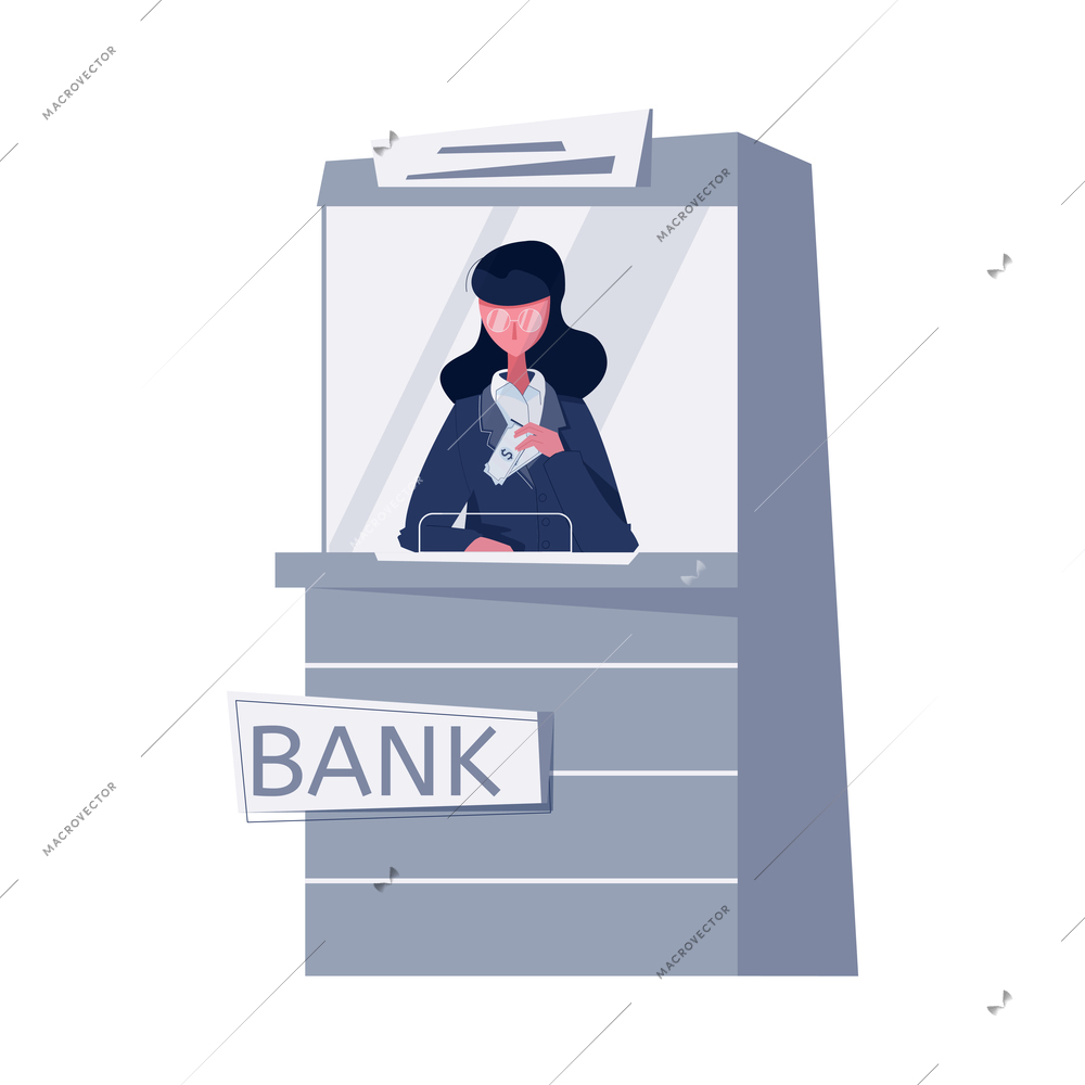 Flat icon with female bank cashier behind cash department window vector illustration