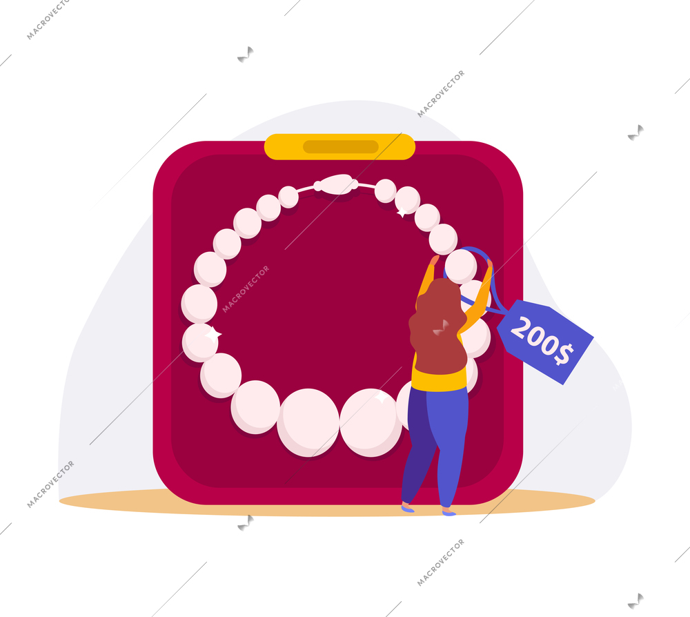 Pawnshop jewelry store flat icon with pearl necklace price tag and female character vector illustration