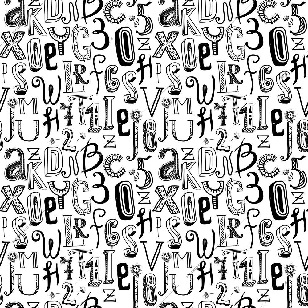 Sketch hand drawn doodle black alphabet letters and numbers seamless pattern vector illustration