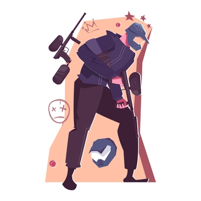 Flat composition with man playing paintball flat vector illustration