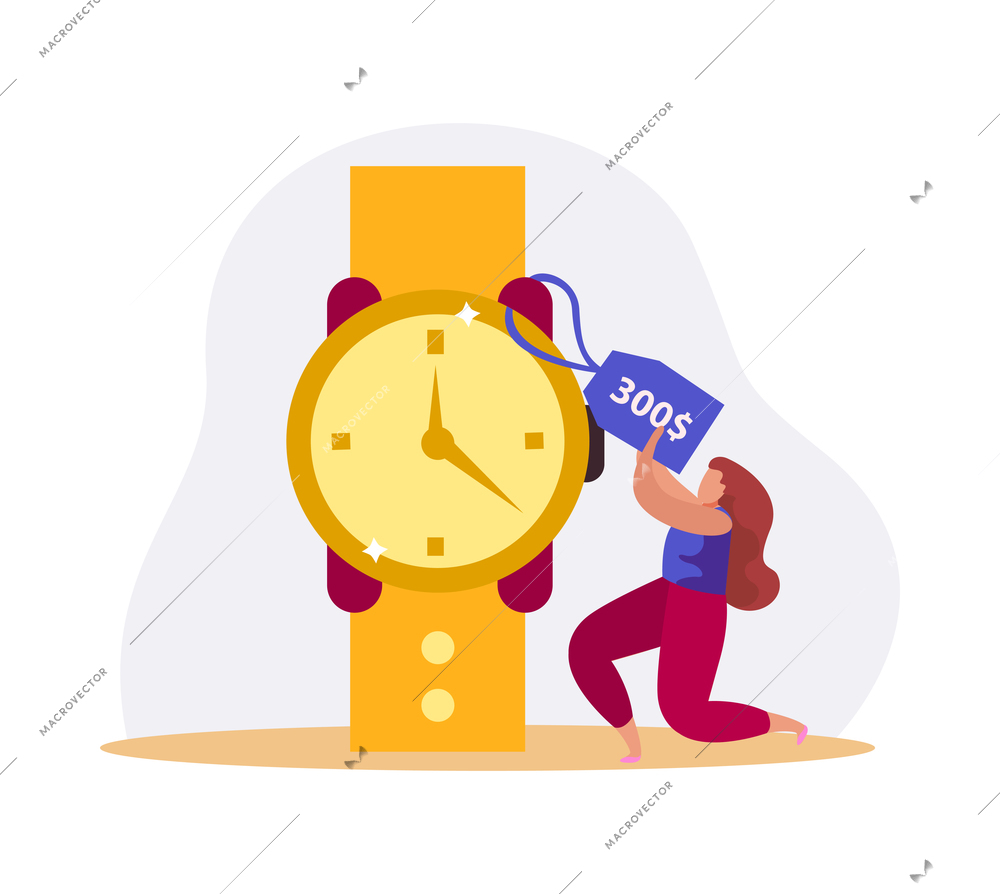 Flat pawnshop icon with female character and golden watch vector illustration