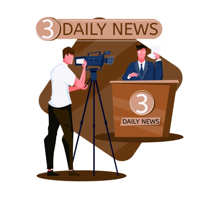Daily news live tv program flat composition with anchor and cameraman vector illustration