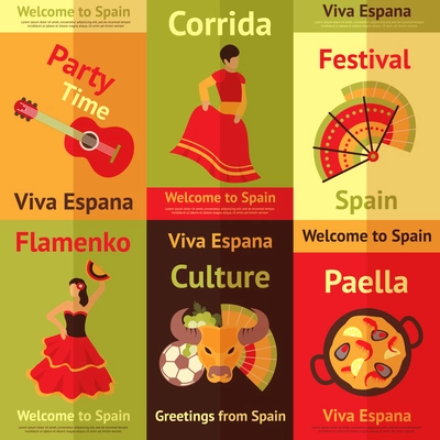 Spain travel spanish culture vacation retro posters set isolated vector illustration