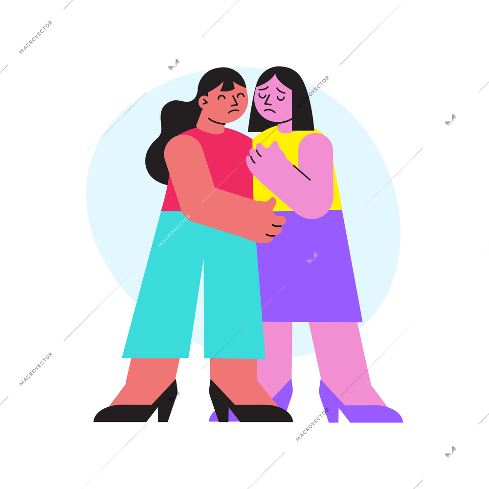 Flat colorful icon with two sad women hugging vector illustration