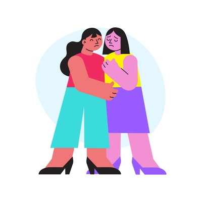 Flat colorful icon with two sad women hugging vector illustration