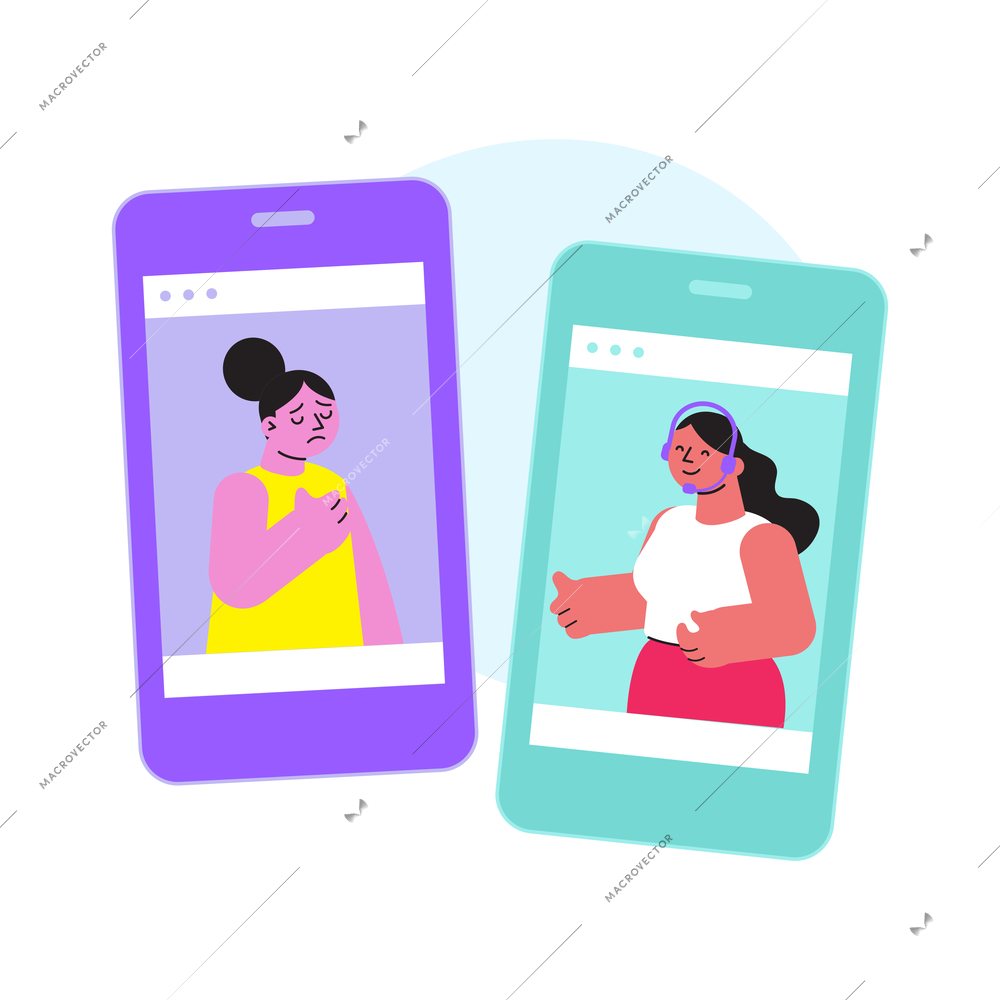 Online psychologist flat icon with sad woman having video call with specialist via smartphone vector illustration