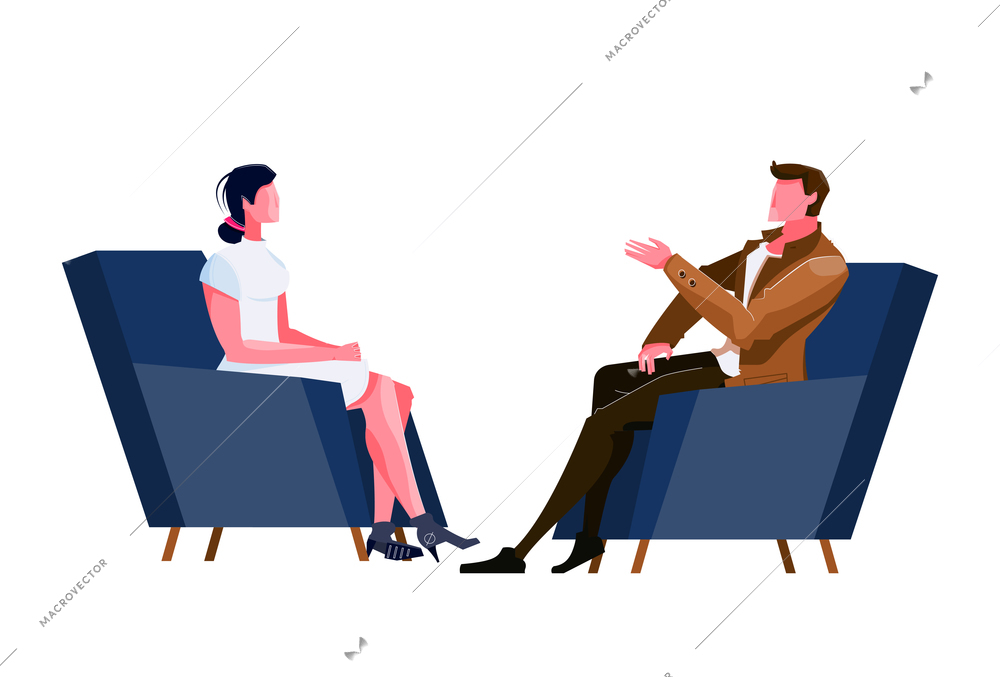 Flat icon with talk show presenter and guest sitting in armchairs vector illustration