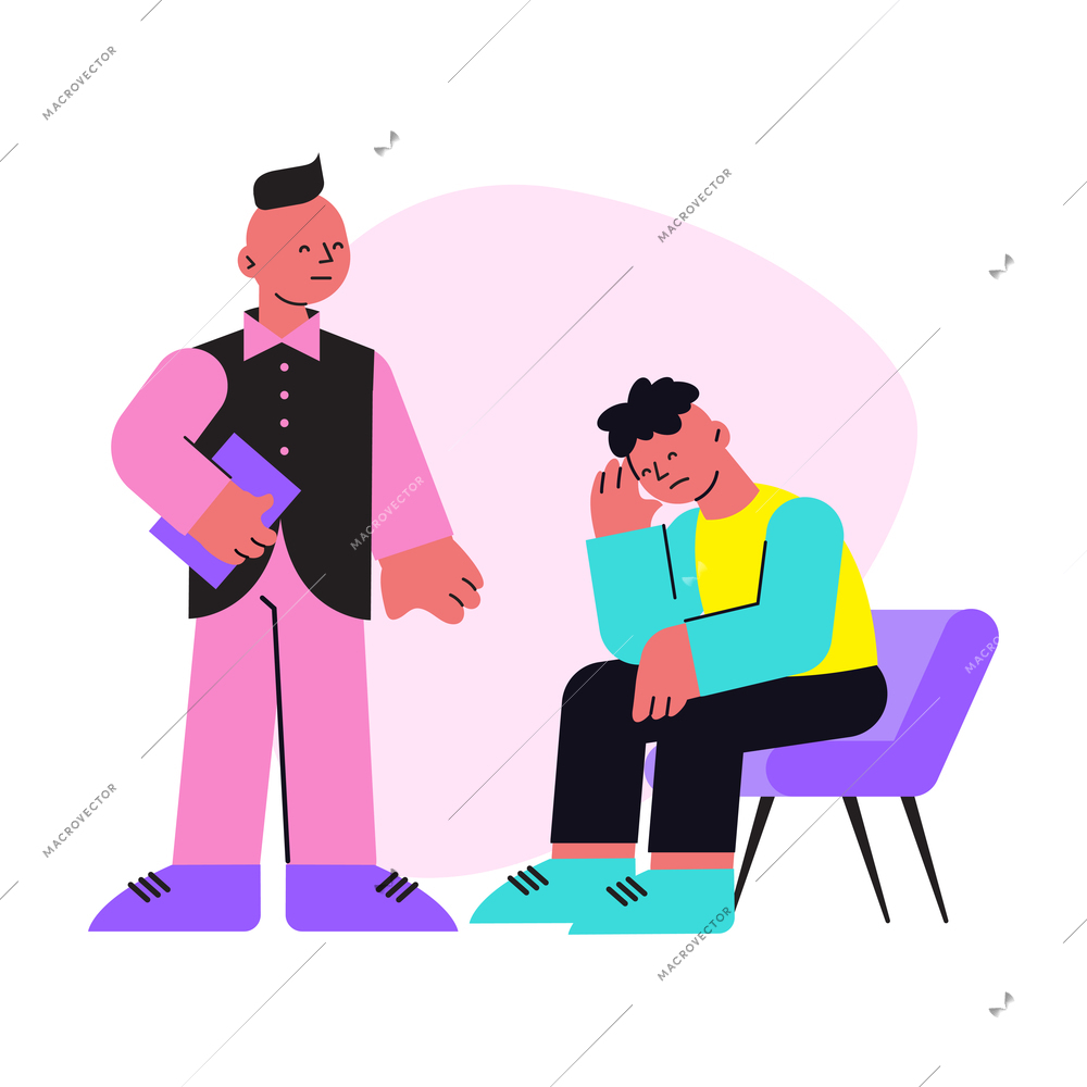 Flat icon with upset man talking to psychologist vector illustration