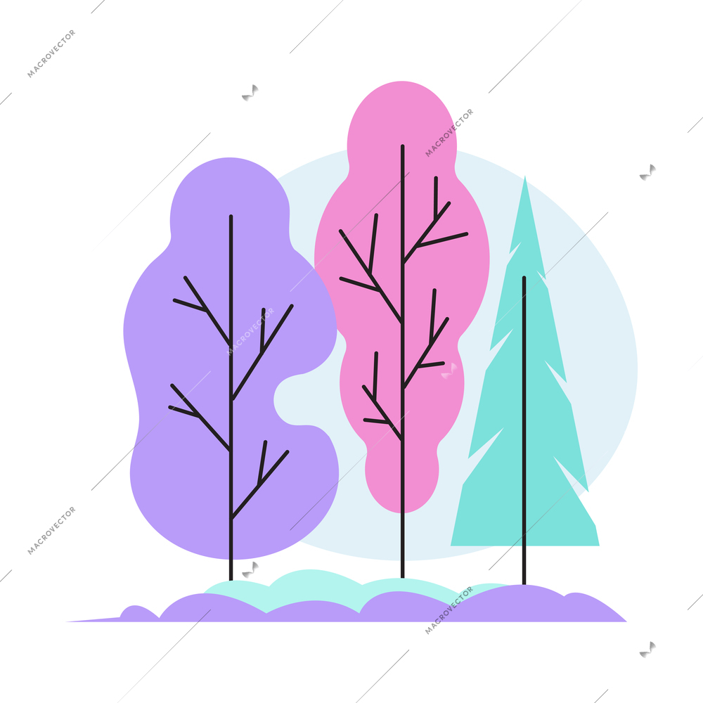 Flat icon with colorful forest foliage and coniferous trees vector illustration