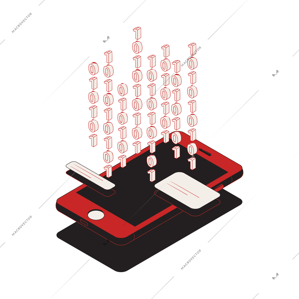 Isometric cyber security concept with 3d image of smartphone and binary code vector illustration